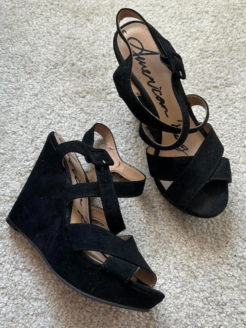 American Rag Co Suede Feel Black Wedge Heels with Criss Cross Straps sz 6